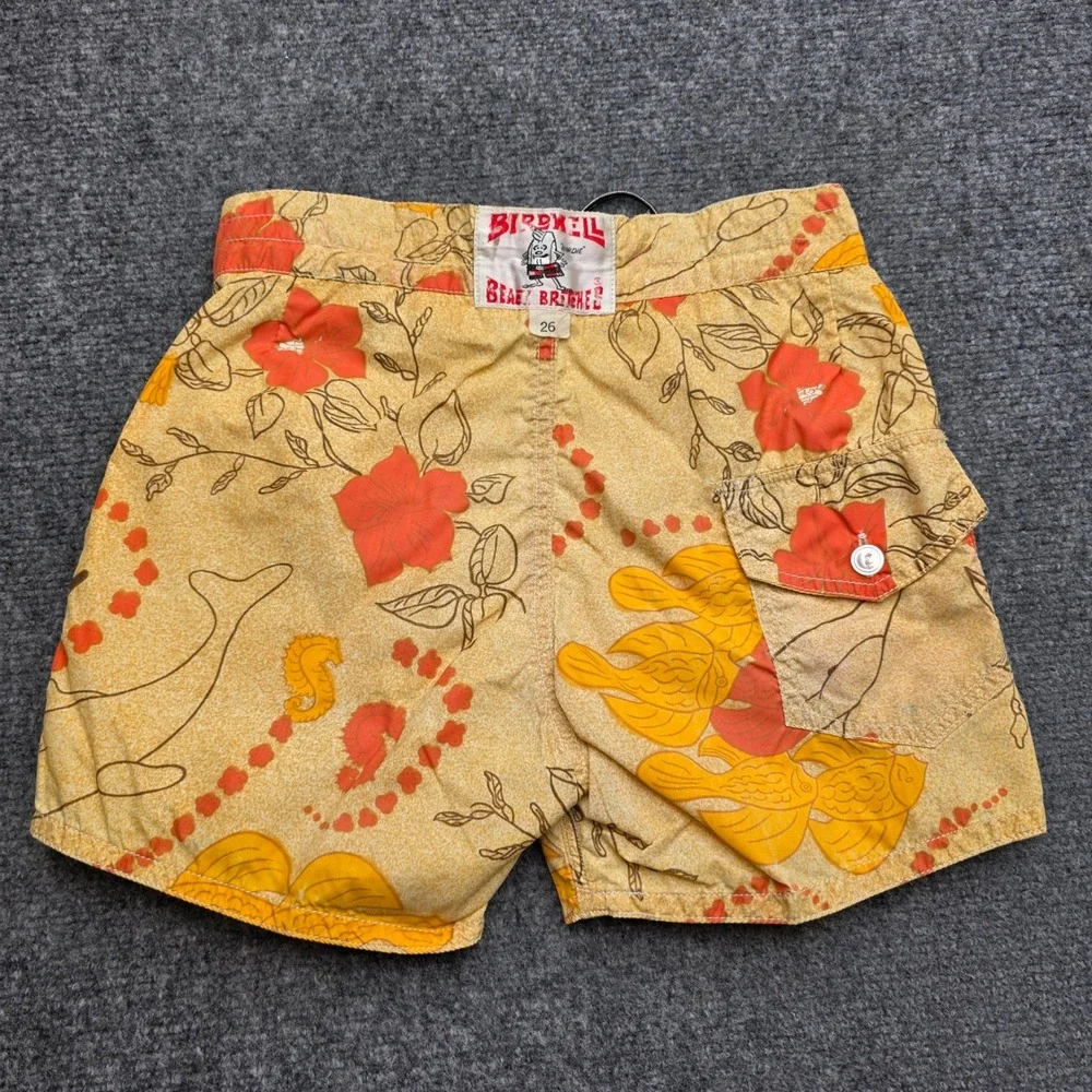 Birdwell Beach Britches Board Shorts Mens 26 Yellow Floral Fish Surfer Vintage‎